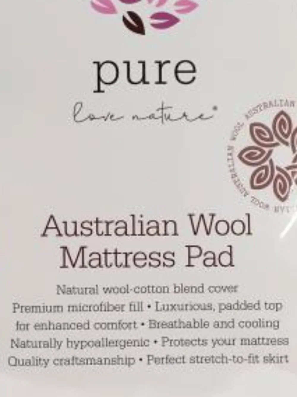 Pure Love Nature White Australian Wool Mattress Pad